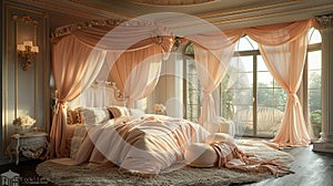 Fairy-tale princess bedroom with a canopy bed and whimsical decor3D render