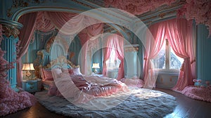 Fairy-tale princess bedroom with a canopy bed and whimsical decor3D render