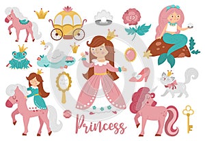 Fairy tale princess collection. Big vector set of fantasy girl, carriage, mermaid, unicorn frog prince, swan. Medieval fairytale