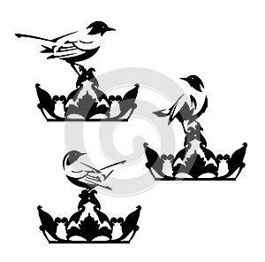 Fairy tale princess pet bird sitting on royal crown black vector design set