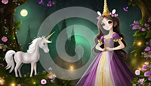 fairy tale princess with unicorn in night fantasy forest