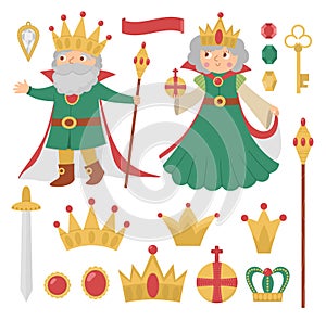 Fairy tale queen and king collection. Vector set of fantasy monarchs with crowns, sward, sovereign authority symbols. Medieval
