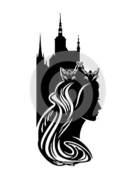 fairy tale queen or princess profile head and royal castle black vector silhouette