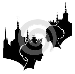 Fairy tale queen or princess profile head and royal castle black vector silhouette set