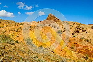 Fairy Tale rainbow canyon panorama `Skazka` in Kyrgyzstan