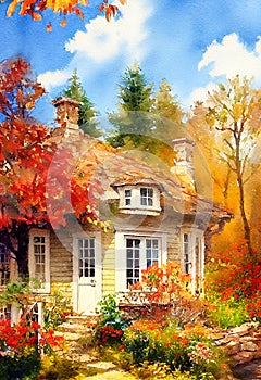 Fairy tale rustic country house gold autumn