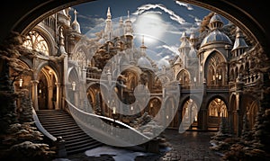 Fairy tale scene with fantasy castle and stairs. Fairy tale background.