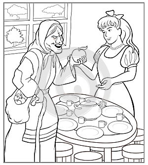 Fairy tale Snow white and 7 gnomes - old witch offering poisoned apple to princess - colouring page for adult and children