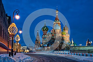 Fairy-tale St. Basil`s Cathedral in Winter Twilight