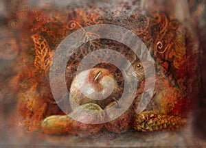 Fairy tale still life with squirrel and autumn fruits on abstract background