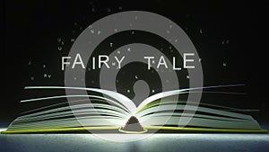 FAIRY TALE text made of glowing letters vaporizing from open book. 3D rendering photo