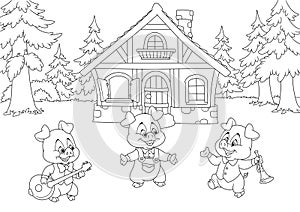 Fairy tale three little pigs Forest nature house background cartoon coloring page
