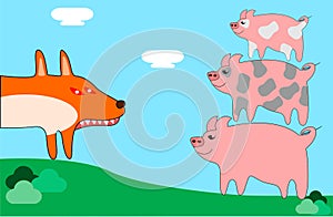 Fairy tale Three Little Pigs with wolf. cartoon vector illustrations.