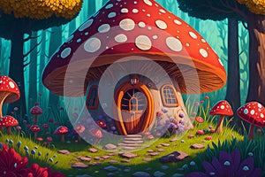 A fairy-tale toadstool hut with a window and a door