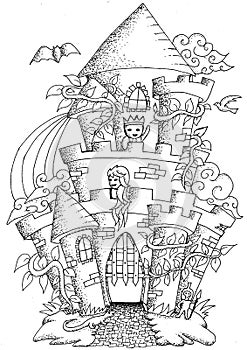 Fairy tale town doodle castile for coloring book for adult