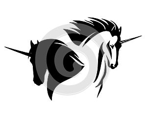 Fairy tale unicorn horse head profile black and white vector outline and silhouette