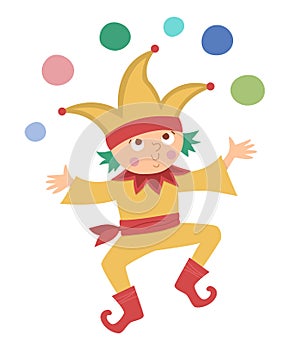 Fairy tale vector buffoon with colored balls. Fantasy juggler in funny hat isolated on white background. Fairytale court yard