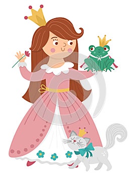Fairy tale vector princess with frog prince and cat. Fantasy girl in crown isolated on white background. Medieval fairytale maid