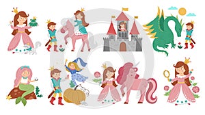 Fairy tale vector princess set. Fantasy girl collection. Medieval fairytale maid in pink dress. Girlish cartoon magic icons pack.