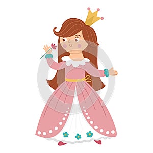Fairy tale vector princess smelling flower. Fantasy girl in crown isolated on white background. Medieval fairytale maid in pink