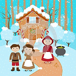 Fairy Tale Vector Scene with Hansel and Gretel, the Witch