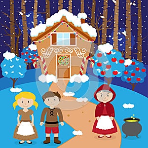 Fairy Tale Vector Scene with Hansel and Gretel, the Witch