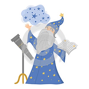 Fairy tale vector stargazer with telescope holding spell book. Fantasy wizard in tall hat isolated on white background. Fairytale