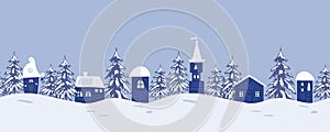 Fairy tale winter landscape. Seamless border with fantastic lodges and fir trees