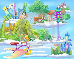 Fairy Tale World with Floating Islands in the Sky