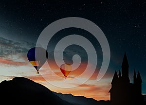 Fairy tale world. Hot air balloons flying near hideaway castle