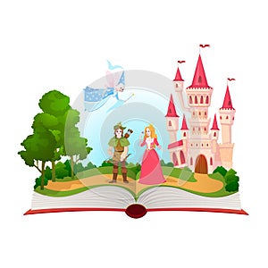 Fairy tales book. Fantasy tale characters, magic life library. Open book with fantasy kingdom castle. Kids dream vector