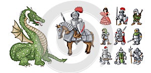 Fairy tales cartoon characters. Fantasy knight and dragon, princess and knights