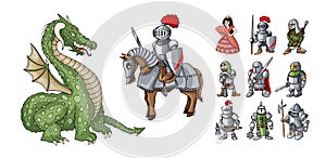 Fairy tales cartoon characters. Fantasy knight and dragon, princess and knights photo