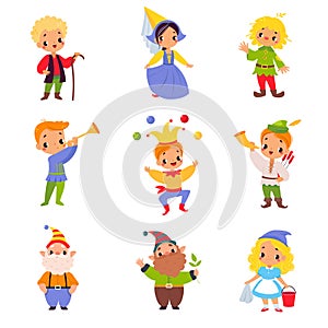 Fairy Tales Character with Gnome, Robin Hood, Jester, Scarecrow and Cinderella Vector Set