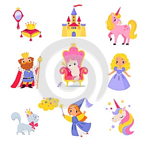 Fairy Tales Character with Unicorn, King, Pixie, Cat and Castle with Crown Vector Set