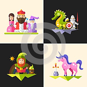 Fairy tales flat design magic cartoon characters compositions set