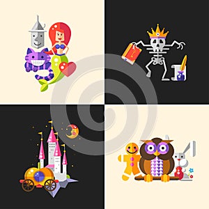 Fairy tales flat design magic cartoon characters compositions set