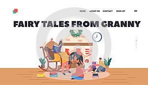 Fairy Tales from Granny Landing Page Template. Grandma Sitting on Rocking Chair Read Book to Little Girls and Boys