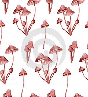 Fairy toadstool mushroom pattern. Woodland grebe background. Magic fall dabchick