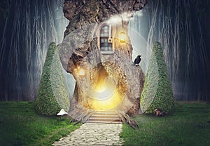 Fairy tree house in dark fantasy forest