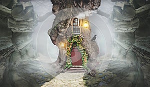 Fairy tree house in fantasy rocks