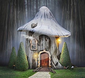 Fairy tree house with mushroom hat in fantasy forest