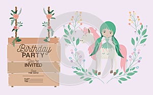 Fairy with unicorn and label wooden invitation card