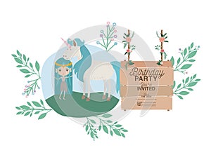 Fairy with unicorn and label wooden invitation card