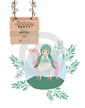 Fairy with unicorn and label wooden invitation card