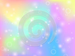 Fairy unicorn rainbow background with magic sparkles and stars. Multicolor fantasy abstract vector backdrop