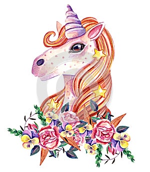 Fairy unicorn with strars and flowers including roses and pansies.