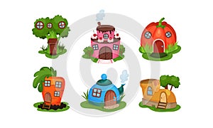 Fairy Village Houses Cartoon Vector Set Isolated On White Background.