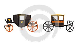 Fairy Vintage Brougham Set, Old Carriage for People Transportation Flat Vector Illustration