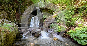 Fairy waterfall at wild forest. Wonderful fresh water waterfalls river flowing. Forest rocks with a roaring stream running. Panora